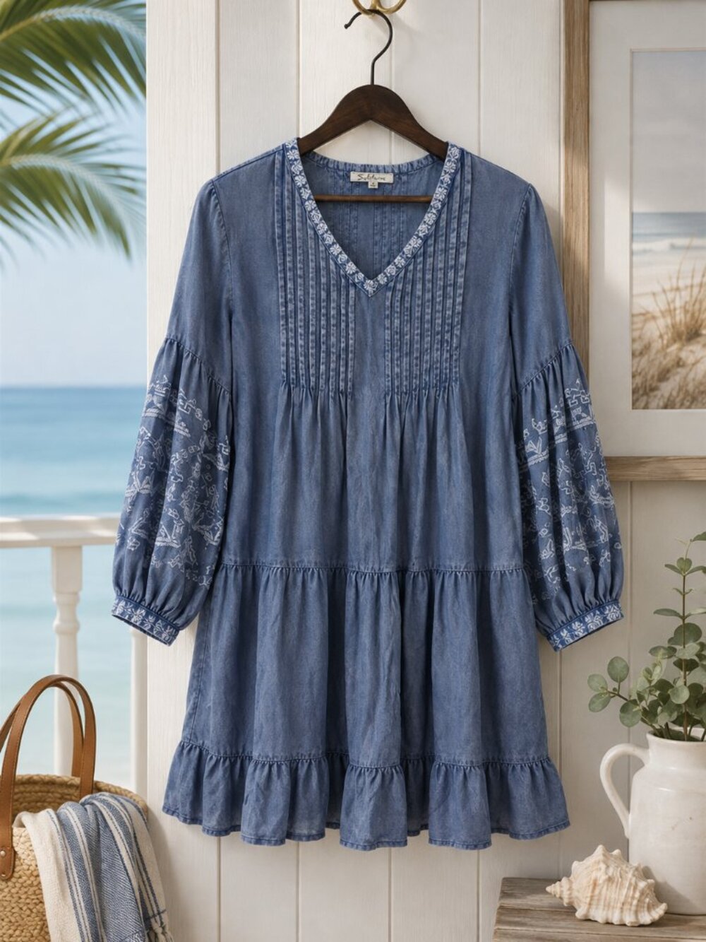 Solitaire Blue Boho Embroidered Tiered Dress Medium